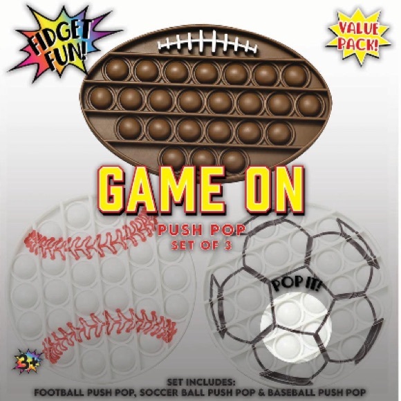 Fidget Fun 3 Piece Game On Sport Theme Push Pop Set Brand New in Package - Picture 1 of 5